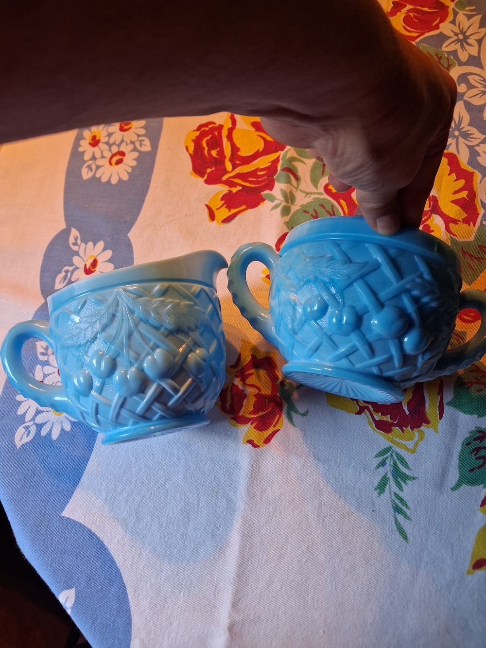 Blue Milk Glass Creamer And Sugar Set